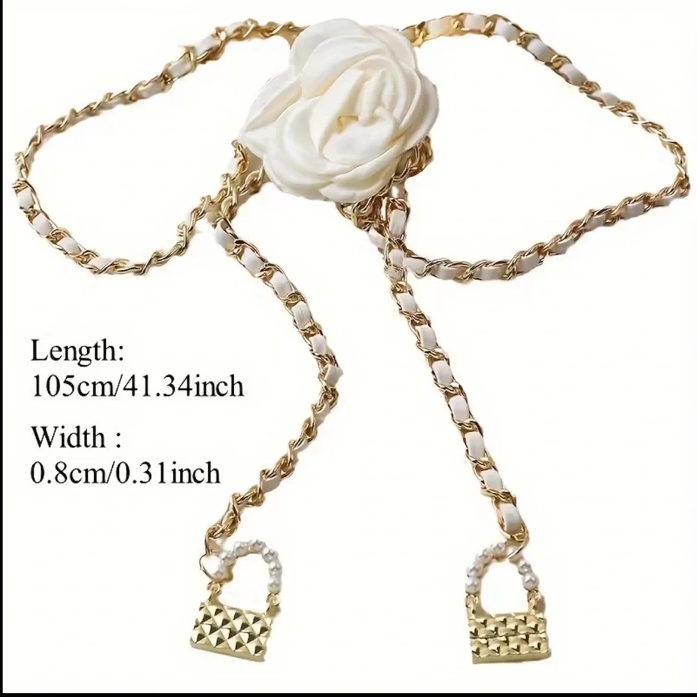 NEW ❤️Women's Elegant Floral Chain Belt with Black Rose Accent & Camellia Charm